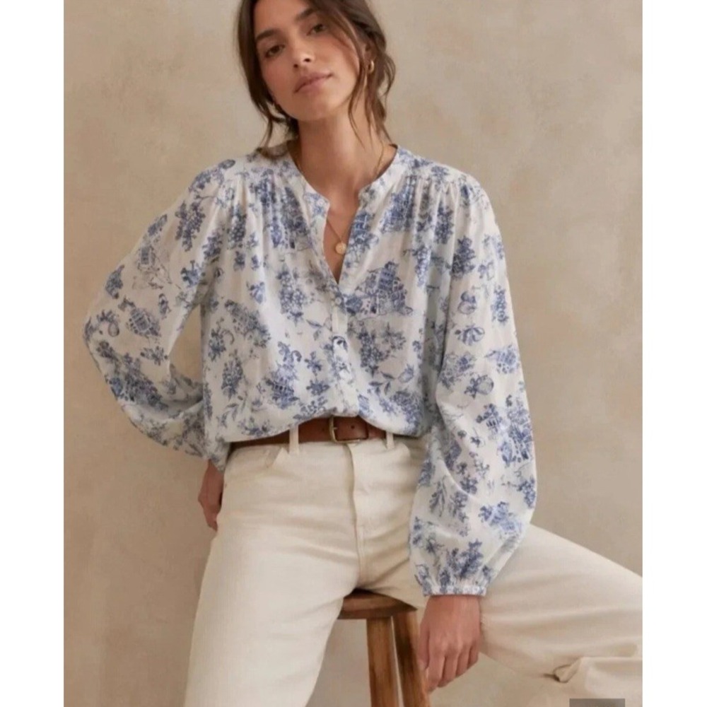 Lucky Brand Womens Toile De Jouy Balloon Sleeve Button Up Shirt Blouse XL New